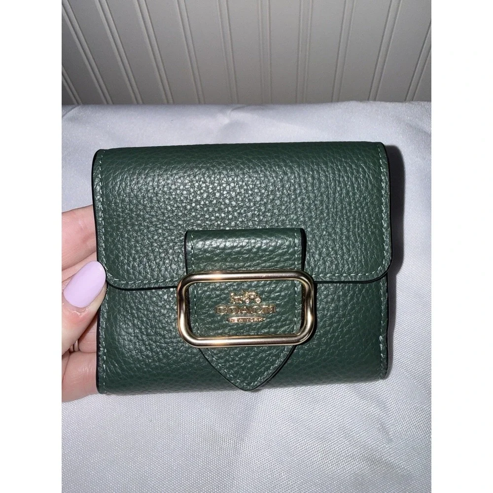 COACH PEBBLED LEATHER MORGAN TRIFOLD WALLET EVERGREEN FORREST GREEN GOLD - Picture 9 of 13